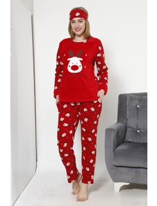 Akbeniz Kadın Yılbaşı Temalı Kırmızı Polar Pijama Takımı 8035