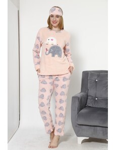 Akbeniz Kadın Fil Desenli Somon Polar Pijama Takımı 8031