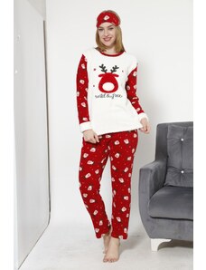 Akbeniz Kadın Yılbaşı Temalı Ekru Kırmızı Polar Pijama Takımı 8034