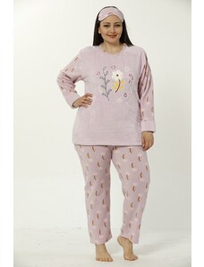 Akbeniz Büyük Beden Kadın Çiçek Desenli Lila Polar Pijama Takımı 8040