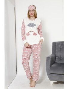 Akbeniz Kadın Bulut Desenli Ekru Vizon Polar Pijama Takımı 8037