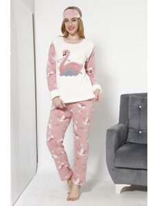 Akbeniz Kadın Kuğu Desenli Ekru Vizon Polar Pijama Takımı 8038