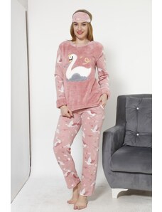 Akbeniz Kadın Kuğu Desenli Vizon Polar Pijama Takımı 8039
