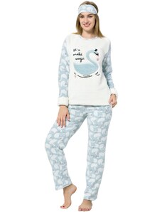 Akbeniz Kadın Kuğu Desenli Ekru Su Yeşili Polar Pijama Takımı 8057