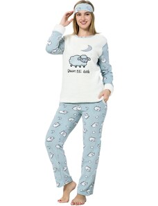 Akbeniz Kadın Kuzu Desenli Ekru Polar Pijama Takımı 8049