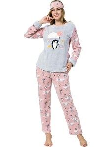 Akbeniz Kadın Penguen Desenli Somon Gri Polar Pijama Takımı 8054