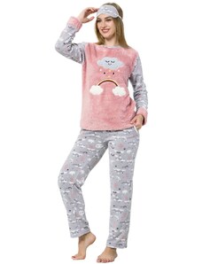 Akbeniz Kadın Bulut Desenli Gri Pembe Polar Pijama Takımı 8056