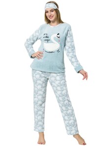 Akbeniz Kadın Kuğu Desenli Su Yeşili Polar Pijama Takımı 8058