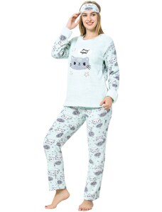 Akbeniz Kadın Kedi Desenli Su Yeşili Polar Pijama Takımı 8059