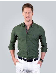 TUDORS Erkek Slim Fit Dar Kesim Uzun Kollu Pamuklu Kolay Ütülenebilir Düğmeli Yaka Düz Yeşil Spor Gömlek