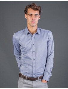 TUDORS Modern Slim Fit Uzun Kollu Pamuklu Kolay Ütü Armürlü Erkek İndigo Gömlek