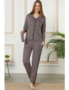 Akbeniz Kadın Siyah Pembe Pamuklu Düğmeli Cepli Uzun Kol Pijama Takım 2459