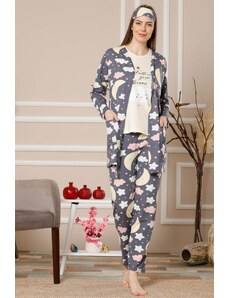 Akbeniz Kadın Lacivert Renk Pamuklu Cepli 3'lü Pijama Takım 1115