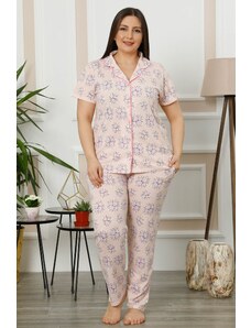 Akbeniz Kadın Pudra Pamuklu Düğmeli Cepli Kısa Kol Büyük Beden Pijama Takım 202005