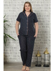 Akbeniz Kadın Lacivert Pamuklu Düğmeli Cepli Kısa Kol Büyük Beden Pijama Takım 202007