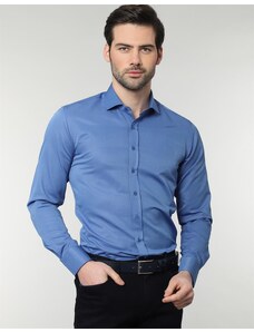 TUDORS Modern Slim Fit Uzun Kollu Armürlü Erkek İndigo Gömlek