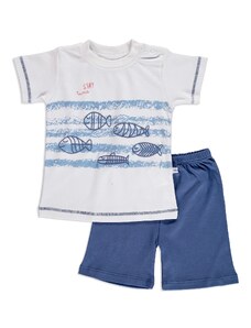 Carmin Baby Yaz Erkek Bebek Balık Baskılı İnterlok Kısa Kol Çıtçıtlı Yaka 2li Tshirt-Şort - Beyaz