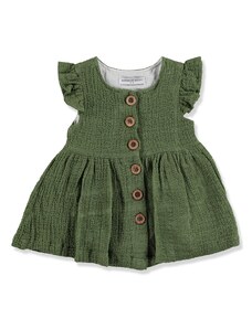 Midimod Yaz Bebek Önü Düğmeli Pamuklu Elbise - Haki