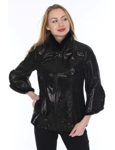 Derimont's Hakiki Deri Siyah Yaka Kol Kürklü Kadın Ceket