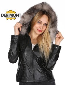 Derimont's Hakiki Deri Siyah Kapşon Kürklü Kol İşlemeli Kadın Deri Mont