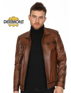 Derimont's Hakiki Deri Kahverengi Casual Omuz İşlemeli Erkek Deri Ceket