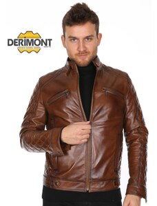Derimont's Hakiki Deri Kahverengi Faux İşlemeli Erkek Deri Ceket
