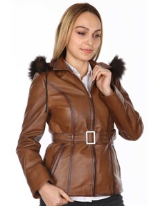 Derimont's Hakiki Deri Kahverengi Tokalı Kürklü Kadın Ceket