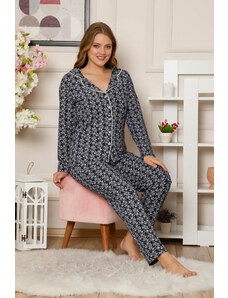 Akbeniz Kadın Pamuklu Düğmeli Cepli Uzun Kol Pijama Takım 2485