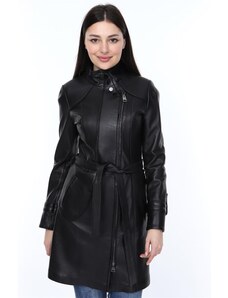 Derimont's Hakiki Deri Siyah Kuşaklı Uzun Kadın Ceket