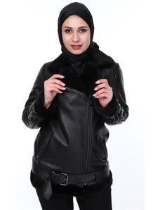 Derimont's Hakiki Deri Siyah Kürklü Kemerli Kadın Deri Ceket