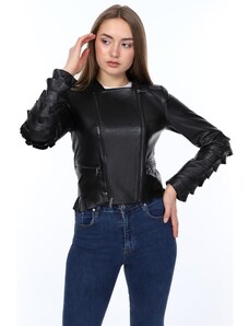 Derimont's Hakiki Deri Siyah Fermuarlı New Kadın Ceket