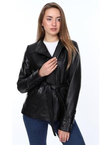 Derimont's Hakiki Deri Siyah Belden Bağlamalı Fabian Kadın Ceket