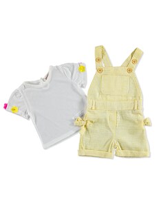 Midimod Bebek Fiyonklu Çizgili Salopet-Tshirt - Sarı