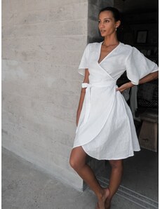 Luciee Linen Wrap Dress In White - Ayla