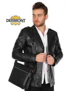Derimont's Hakiki Deri Siyah Gömlek Cep Düğmeli Erkek Deri Ceket