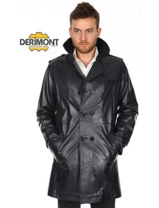Derimont's Hakiki Deri Siyah Çift Düğmeli Uzun Erkek Deri Ceket