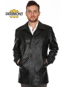 Derimont's Hakiki Deri Siyah Uzun Düğmeli Erkek Deri Ceket
