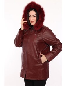 Derimont's Hakiki Deri Bordo Kapşonlu Kürklü Kadın Ceket