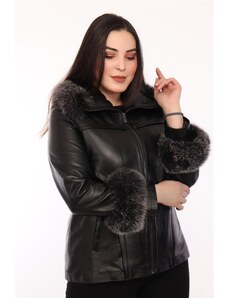 Derimont's Hakiki Deri Siyah Kol Omuz Kürklü Roxana Kadın Ceket