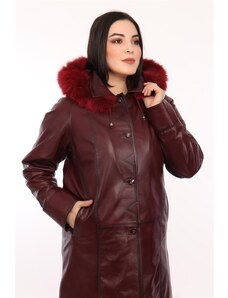 Derimont's Hakiki Deri Bordo Kapşon Kürklü Kadın Ceket