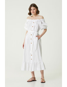 NetWork Beyaz Düşük Omuzlu Midi Elbise