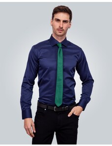 TUDORS Modern Slim Fit Uzun Kollu Düz Saten Pamuklu Erkek Lacivert Gömlek