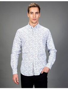 TUDORS Klasik Fit Uzun Kollu Çiçekli Erkek Beyaz Gömlek
