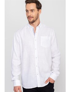 TUDORS Klasik Fit Uzun Kollu Yazlık Düz Flamlı Keten Erkek Beyaz Gömlek