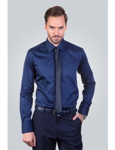 TUDORS Modern Slim Fit Uzun Kollu Düz Saten Pamuklu Erkek Lacivert Gömlek