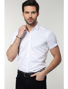 TUDORS Modern Slim Fit Kısa Kollu Düz Saten Erkek Beyaz Gömlek