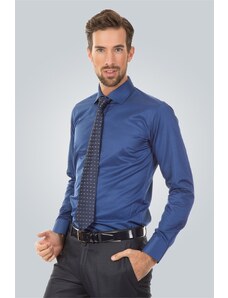TUDORS Modern Slim Fit Uzun Kollu Düz Saten Pamuklu Erkek İndigo Gömlek