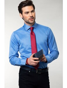 TUDORS Modern Slim Fit Uzun Kollu Düz Saten Pamuklu Erkek Mavi Gömlek