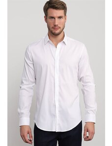 TUDORS Slim Fit Uzun Kollu Likralı Pamuk Erkek Beyaz Gömlek