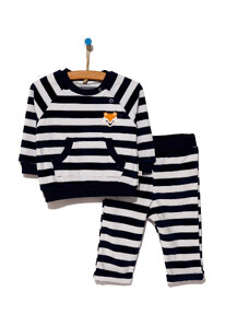 For My Baby Çizgili Kadife Cep Detaylı Sweatshirt-Pantolon - Lacivert